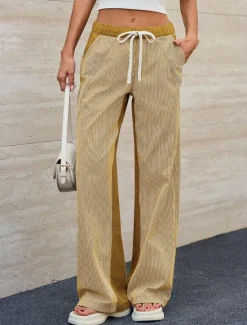 Clearance Women's Cotton Blend Denim Culottes Wide Leg Vacation Vintage Stylish Full Length Mid Waist Striped Patchwork Stripe Comfy Inelastic Outdoor Vacation Home Navy Earthy yellow Black Army Green Women Pants