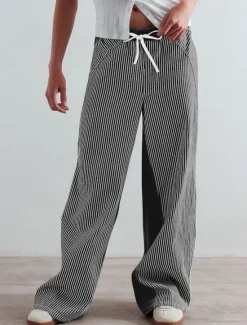 Clearance Women's Cotton Blend Denim Culottes Wide Leg Vacation Vintage Stylish Full Length Mid Waist Striped Patchwork Stripe Comfy Inelastic Outdoor Vacation Home Navy Earthy yellow Black Army Green Women Pants
