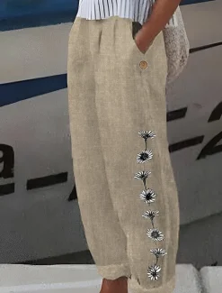 New Women's Cotton And Linen Loungewear Pants Nighty Trousers Flower Print Elastic Waist Comfort Home Street Summer Spring Black White Home Outfits Women Sleepwear