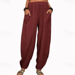 Online Women's Cotton And Linen Lounge Pants Solid Color Loose Casual Pants Home Street Daily Harem Trousers Women Pants