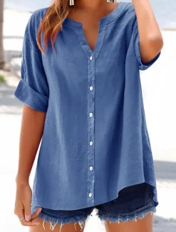 Sale Women's Cotton Blouse Solid Color Elegant Casual Short Sleeve V Neck Regular Tops Daily Holiday Buttons Black Blue Purple Green Beige Summer Spring Women Shirts