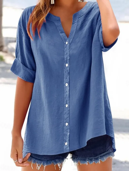Sale Women's Cotton Blouse Solid Color Elegant Casual Short Sleeve V Neck Regular Tops Daily Holiday Buttons Black Blue Purple Green Beige Summer Spring Women Shirts