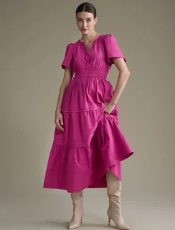 New Women's Cotton Burgundy Puffed Sleeve V Neck Maxi Dress Casual Dress Women Casual Dress