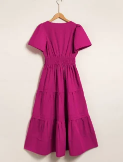 New Women's Cotton Burgundy Puffed Sleeve V Neck Maxi Dress Casual Dress Women Casual Dress