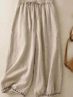 Clearance Women's Cotton Chinos Vintage Basic Full Length High Waist Plain Pocket Drawstring Comfort Outdoor Stretchy Vacation Street Causal White Yellow Khaki Beige Summer Spring Fall Loose Fit Women Pants