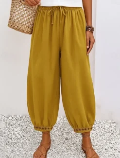 Clearance Women's Cotton Chinos Vintage Basic Full Length High Waist Plain Pocket Drawstring Comfort Outdoor Stretchy Vacation Street Causal White Yellow Khaki Beige Summer Spring Fall Loose Fit Women Pants
