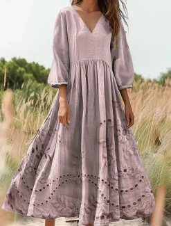 Women's Cotton Linen Maxi Dress Sundress Pleated Dress Vacation Casual Boho Going out Beach Loose Fit 3/4 Length Sleeve V Neck Pink Blue Orange Women Floral Dresses