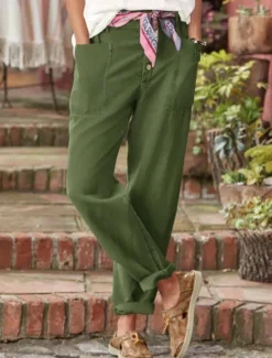 New Women's Cotton Linen Baggy Pants Solid Color Chinos Basic Casual Full Length High Waist Medium Waist Plain Pocket Comfort Outdoor Micro-elastic Vacation Street Daily Army Green Grey Black Red Women Pants