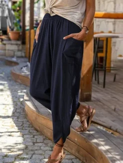 Discount Women's Cotton Linen Baggy Pants Chinos Fashion Streetwear Full Length Medium Waist Plain Pocket Elastic Waistband Comfy Soft Comfortable Micro-elastic Outdoor Street Robin's Egg Blue Black Summer Women Pants