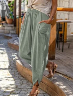 Discount Women's Cotton Linen Baggy Pants Chinos Fashion Streetwear Full Length Medium Waist Plain Pocket Elastic Waistband Comfy Soft Comfortable Micro-elastic Outdoor Street Robin's Egg Blue Black Summer Women Pants