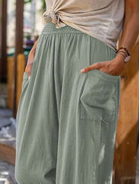Discount Women's Cotton Linen Baggy Pants Chinos Fashion Streetwear Full Length Medium Waist Plain Pocket Elastic Waistband Comfy Soft Comfortable Micro-elastic Outdoor Street Robin's Egg Blue Black Summer Women Pants