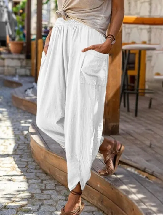 Discount Women's Cotton Linen Baggy Pants Chinos Fashion Streetwear Full Length Medium Waist Plain Pocket Elastic Waistband Comfy Soft Comfortable Micro-elastic Outdoor Street Robin's Egg Blue Black Summer Women Pants