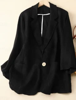 Hot Women's Cotton Linen Blazer Comfortable Breathable Pocket Buttons Vintage Casual Plain Office Street Casual Daily Wear Single Breasted Regular Turndown Regular Fit Long Sleeve Outerwear Black Women Blazers & Suits