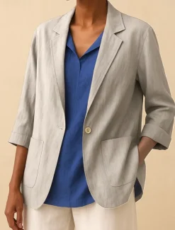 Hot Women's Cotton Linen Blazer Comfortable Breathable Pocket Buttons Vintage Casual Plain Office Street Casual Daily Wear Single Breasted Regular Turndown Regular Fit Long Sleeve Outerwear Black Women Blazers & Suits