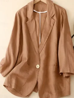 Hot Women's Cotton Linen Blazer Comfortable Breathable Pocket Buttons Vintage Casual Plain Office Street Casual Daily Wear Single Breasted Regular Turndown Regular Fit Long Sleeve Outerwear Black Women Blazers & Suits