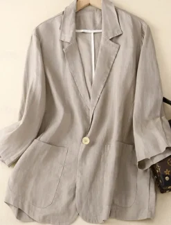 Hot Women's Cotton Linen Blazer Comfortable Breathable Pocket Buttons Vintage Casual Plain Office Street Casual Daily Wear Single Breasted Regular Turndown Regular Fit Long Sleeve Outerwear Black Women Blazers & Suits