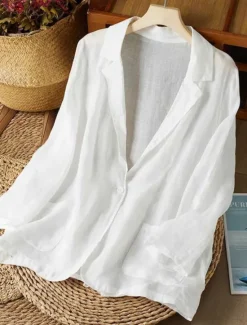 New Women's Cotton Linen Blazer Solid Color Stylish Basic Casual Long Sleeve Shirt Collar Regular Tops Work Daily Buttons White Yellow Summer Women Shirts