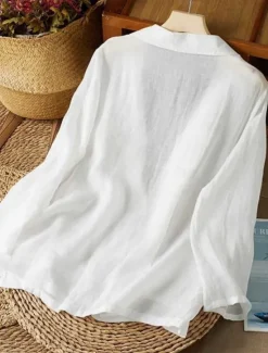 New Women's Cotton Linen Blazer Solid Color Stylish Basic Casual Long Sleeve Shirt Collar Regular Tops Work Daily Buttons White Yellow Summer Women Shirts