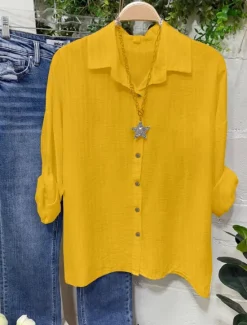 Best Women's Cotton Linen Blouse Solid Color Elegant Stylish Casual Long Sleeve V Neck Regular Tops Daily Holiday Buttons White Yellow Pink Blue Gray Summer Spring Women Shirts