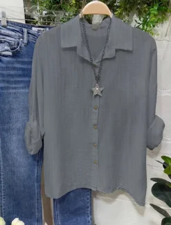 Best Women's Cotton Linen Blouse Solid Color Elegant Stylish Casual Long Sleeve V Neck Regular Tops Daily Holiday Buttons White Yellow Pink Blue Gray Summer Spring Women Shirts