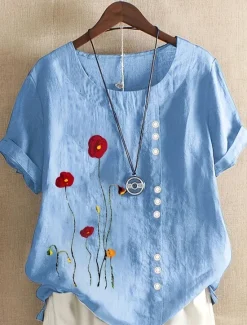 Best Women's Cotton Linen Blouse Floral Graphic Vintage Casual Short Sleeve Crew Neck Regular Tops Daily Going out Buttons Print Asymmetric Hem White Blue Summer Spring Women Blouses & Shirts