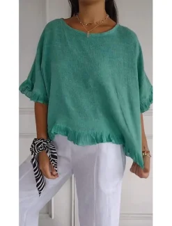 Sale Women's Cotton Linen Blouse Solid Color Stylish Casual Half Sleeve Crew Neck Regular Tops Daily Holiday Ruffle Summer Women Shirts