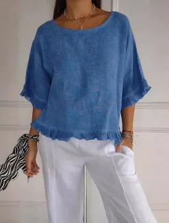 Sale Women's Cotton Linen Blouse Solid Color Stylish Casual Half Sleeve Crew Neck Regular Tops Daily Holiday Ruffle Summer Women Shirts