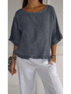 Sale Women's Cotton Linen Blouse Solid Color Stylish Casual Half Sleeve Crew Neck Regular Tops Daily Holiday Ruffle Summer Women Shirts