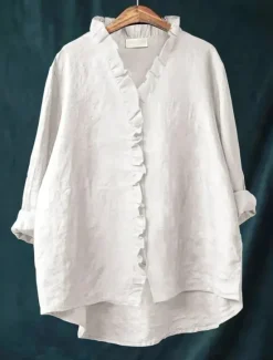 Hot Women's Cotton Linen Blouse Solid Color Elegant Casual Long Sleeve V Neck Regular Tops Daily Holiday Buttons White Yellow Red Blue Beige Summer Fall Women Shirts