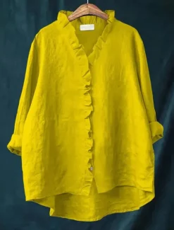 Hot Women's Cotton Linen Blouse Solid Color Elegant Casual Long Sleeve V Neck Regular Tops Daily Holiday Buttons White Yellow Red Blue Beige Summer Fall Women Shirts