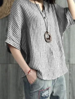 Discount Women's Cotton Linen Blouse Graphic Elegant Vintage Stylish Short Sleeve V Neck Regular Tops Daily Holiday Buttons Blue Gray Summer Spring Women Shirts