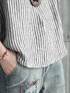 Discount Women's Cotton Linen Blouse Graphic Elegant Vintage Stylish Short Sleeve V Neck Regular Tops Daily Holiday Buttons Blue Gray Summer Spring Women Shirts