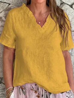 Hot Women's Cotton Linen Blouse Solid Color Elegant Casual Short Sleeve V Neck Regular Tops Daily Holiday Ruffle Black White Yellow Pink Blue Summer Spring Women Shirts