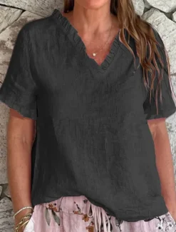 Hot Women's Cotton Linen Blouse Solid Color Elegant Casual Short Sleeve V Neck Regular Tops Daily Holiday Ruffle Black White Yellow Pink Blue Summer Spring Women Shirts