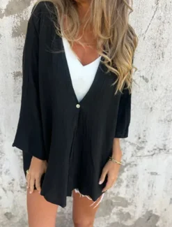 Hot Women's Cotton Linen Blouse Shrugs Solid Color Basic Casual Long Sleeve V Neck Regular Tops Daily Buttons Black Orange Brown Green Dark Gray Summer Women Shirts