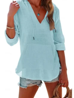 Clearance Women's Cotton Linen Blouse Solid Color Elegant Casual Long Sleeve V Neck Regular Tops Daily Holiday Pocket Black White Pink Blue Summer Spring Women Shirts
