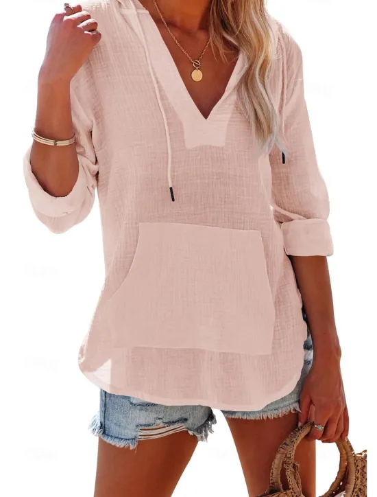 Clearance Women's Cotton Linen Blouse Solid Color Elegant Casual Long Sleeve V Neck Regular Tops Daily Holiday Pocket Black White Pink Blue Summer Spring Women Shirts