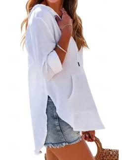 Clearance Women's Cotton Linen Blouse Solid Color Elegant Casual Long Sleeve V Neck Regular Tops Daily Holiday Pocket Black White Pink Blue Summer Spring Women Shirts