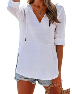 Clearance Women's Cotton Linen Blouse Solid Color Elegant Casual Long Sleeve V Neck Regular Tops Daily Holiday Pocket Black White Pink Blue Summer Spring Women Shirts