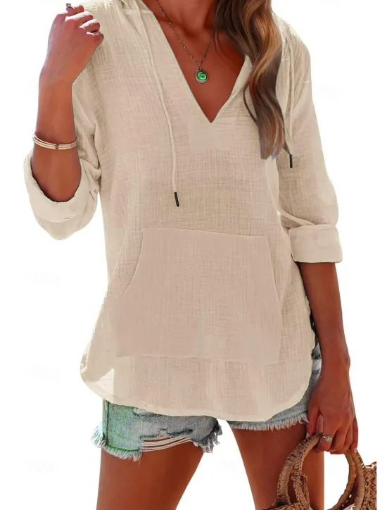 Clearance Women's Cotton Linen Blouse Solid Color Elegant Casual Long Sleeve V Neck Regular Tops Daily Holiday Pocket Black White Pink Blue Summer Spring Women Shirts