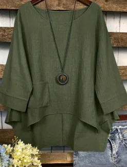 Sale Women's Cotton Linen Blouse Solid Color Elegant Casual 3/4 Length Sleeve Crew Neck Boat Neck Regular Tops Daily Holiday Black White Navy Blue Green Summer Fall Women Shirts