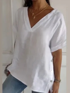 Best Women's Cotton Linen Blouse Solid Color Elegant Casual Short Sleeve V Neck Regular Tops Daily Holiday Buttons Black White Brown Summer Women Shirts