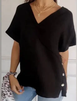 Best Women's Cotton Linen Blouse Solid Color Elegant Casual Short Sleeve V Neck Regular Tops Daily Holiday Buttons Black White Brown Summer Women Shirts