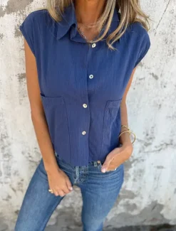 Sale Women's Cotton Linen Camisole Tank Top Solid Color Basic Casual Short Sleeve Crew Neck Shirt Collar Regular Tops Daily Buttons Pocket White Navy Blue Apricot Light Blue Summer Women Shirts