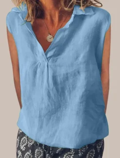 Women's Cotton Linen Camisole Tank Top Solid Color Elegant Stylish Casual Sleeveless V Neck Regular Tops Daily Holiday White Pink Blue Green Summer Spring Women Shirts