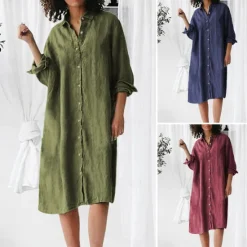 New Women's Cotton Linen Dress Home Daily Bed Long Sleeve Lapel Wine Navy Blue Summer Spring Women Dresses