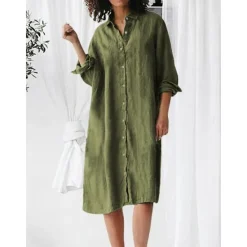 New Women's Cotton Linen Dress Home Daily Bed Long Sleeve Lapel Wine Navy Blue Summer Spring Women Dresses