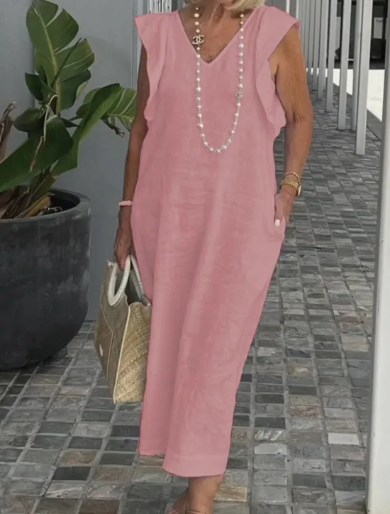 Discount Women's Cotton Linen Maxi Dress Casual Dress Cotton Linen Dress Basic Casual Vacation Daily Regular Fit Plain Sleeveless V Neck Black White Pink Navy Blue Summer Women Dresses