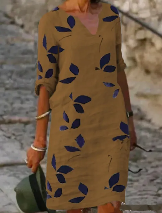 Online Women's Cotton Linen Midi Dress Casual Dress Dress Shift Dress Midi Dress Print Casual Daily Vacation V Neck Half Sleeve Summer Spring White Purple Leaf Women Casual Dress