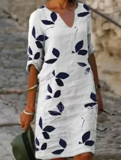 Online Women's Cotton Linen Midi Dress Casual Dress Dress Shift Dress Midi Dress Print Casual Daily Vacation V Neck Half Sleeve Summer Spring White Purple Leaf Women Casual Dress
